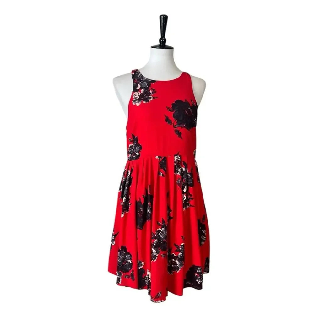 Free People Aline Mini Dress Pockets Halter Neck Red Black Floral Women’s Size 6